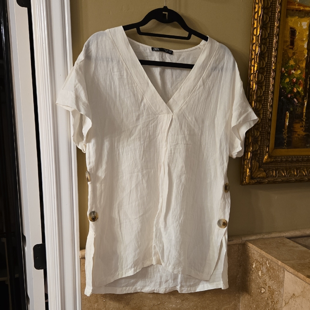 White V-Neck Buttoned Women's Tunic